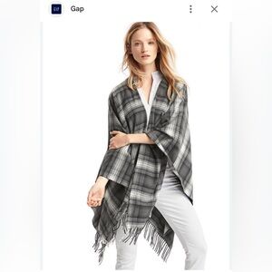 Gap + Pendleton Black and Gray Checkered Wool Fringe Shawl Cape
